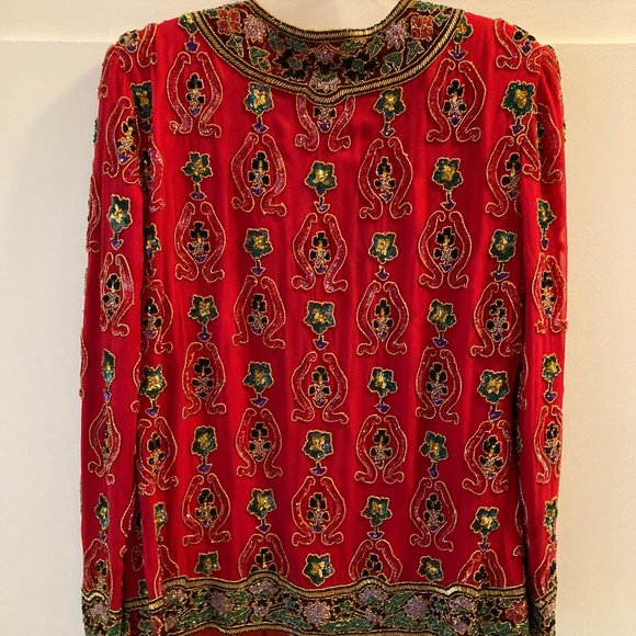 RARE! Exquisite Heavily Beaded Red SILK Dress Jacket, Niteline - Picture 7 of 10